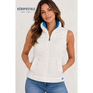 Aeropostale White Puffer Vest Blue Lining Sleeveless Quilted Jacket A87 Logo L